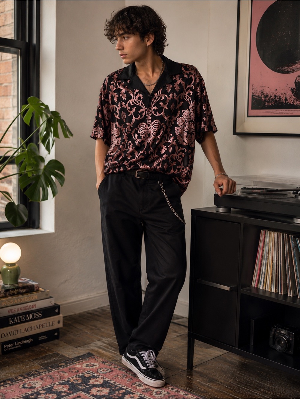 ASOS Black Pink Baroque Print Camp Collar Shirt Men’s Small Unisex Retro Party